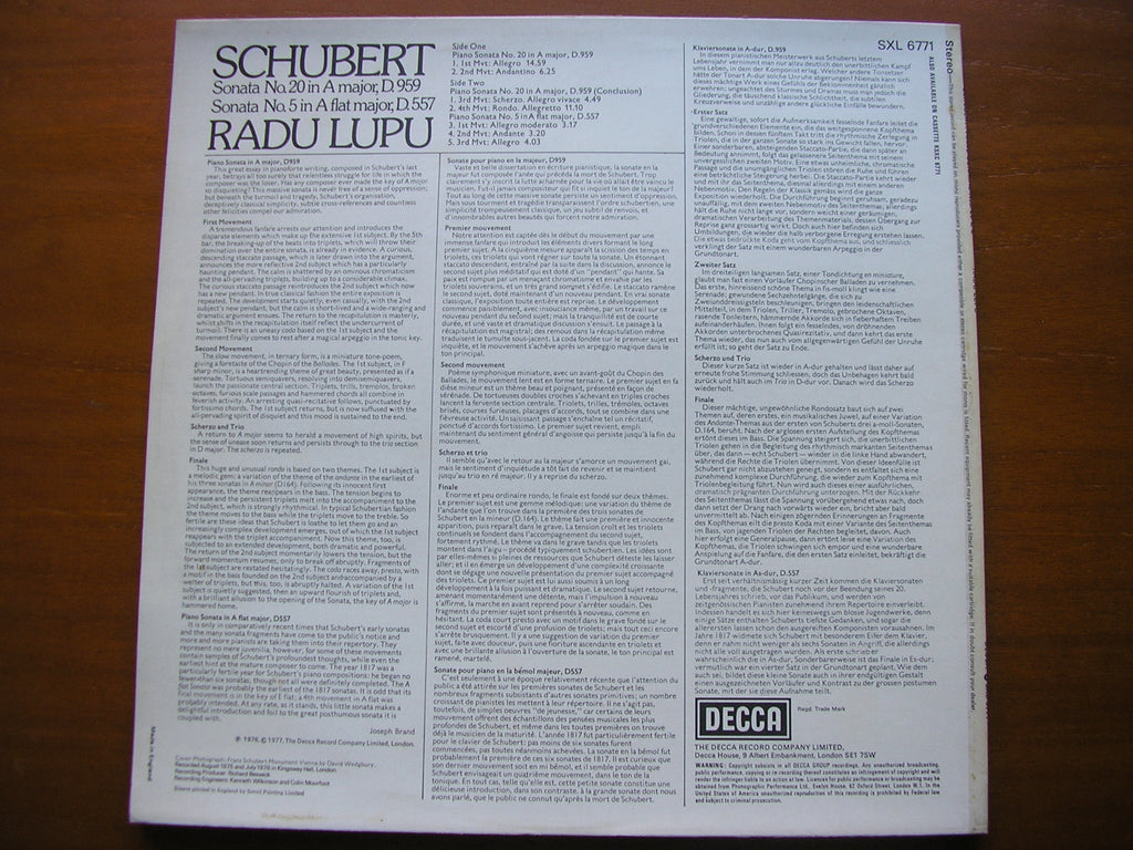 SXL 6771 SCHUBERT: PIANO SONATAS No. 5 D.557 & No. 20 D.959 RADU LUPU