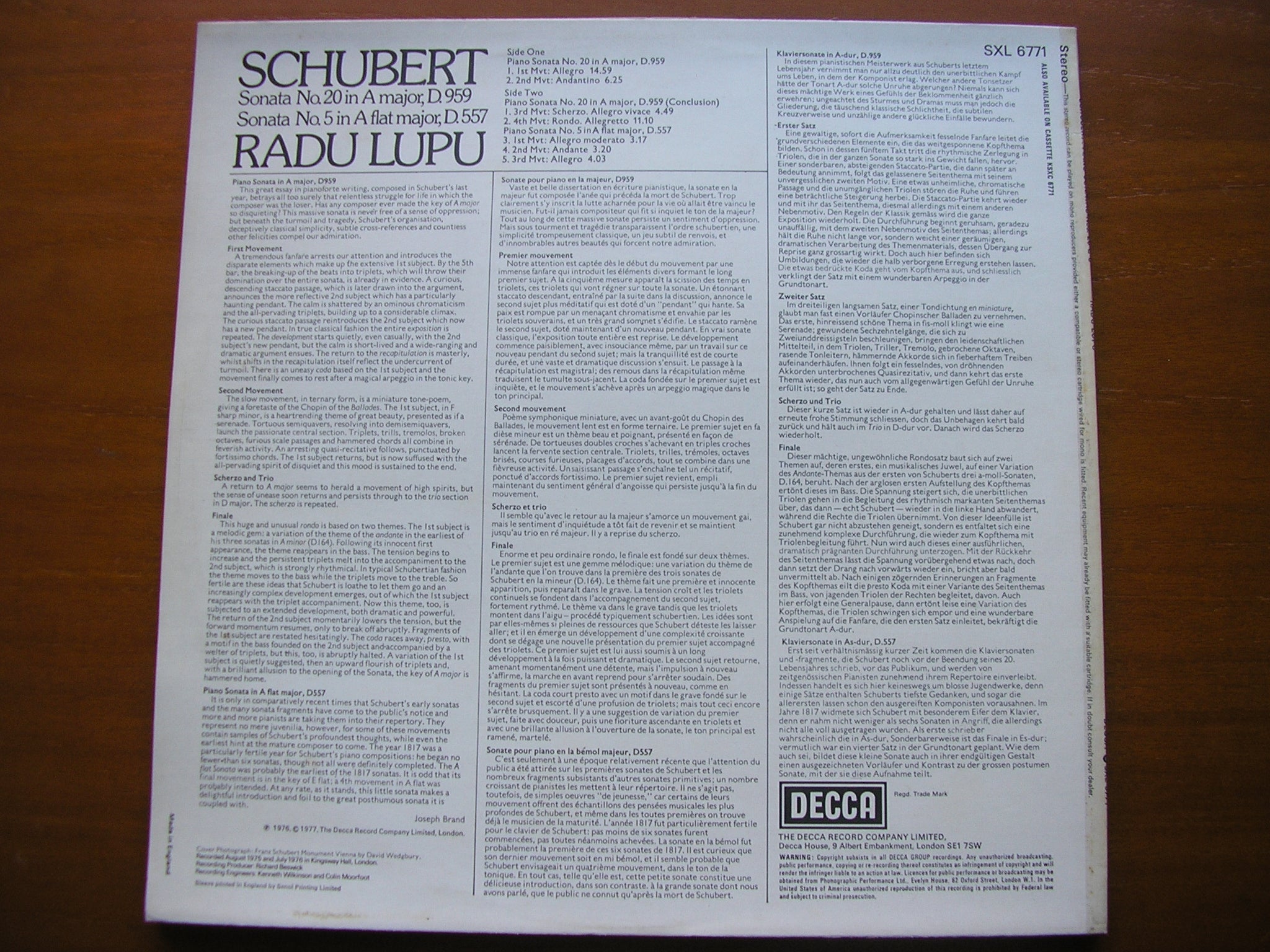 SXL 6771 SCHUBERT: PIANO SONATAS No. 5 D.557 & No. 20 D.959 RADU LUPU