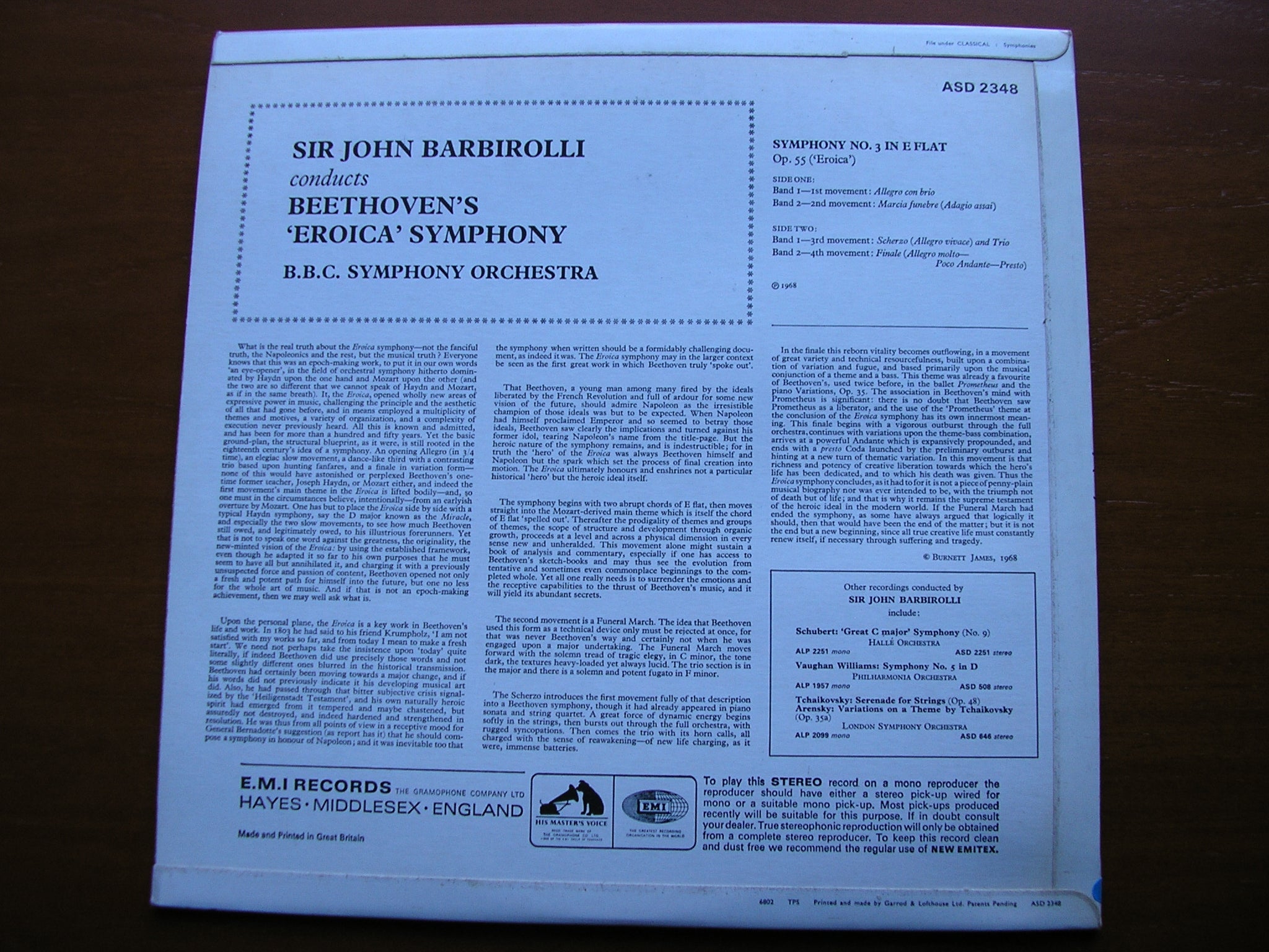 BEETHOVEN: SYMPHONY No. 3 'Eroica'    BARBIROLLI / BBC SYMPHONY    ASD 2348