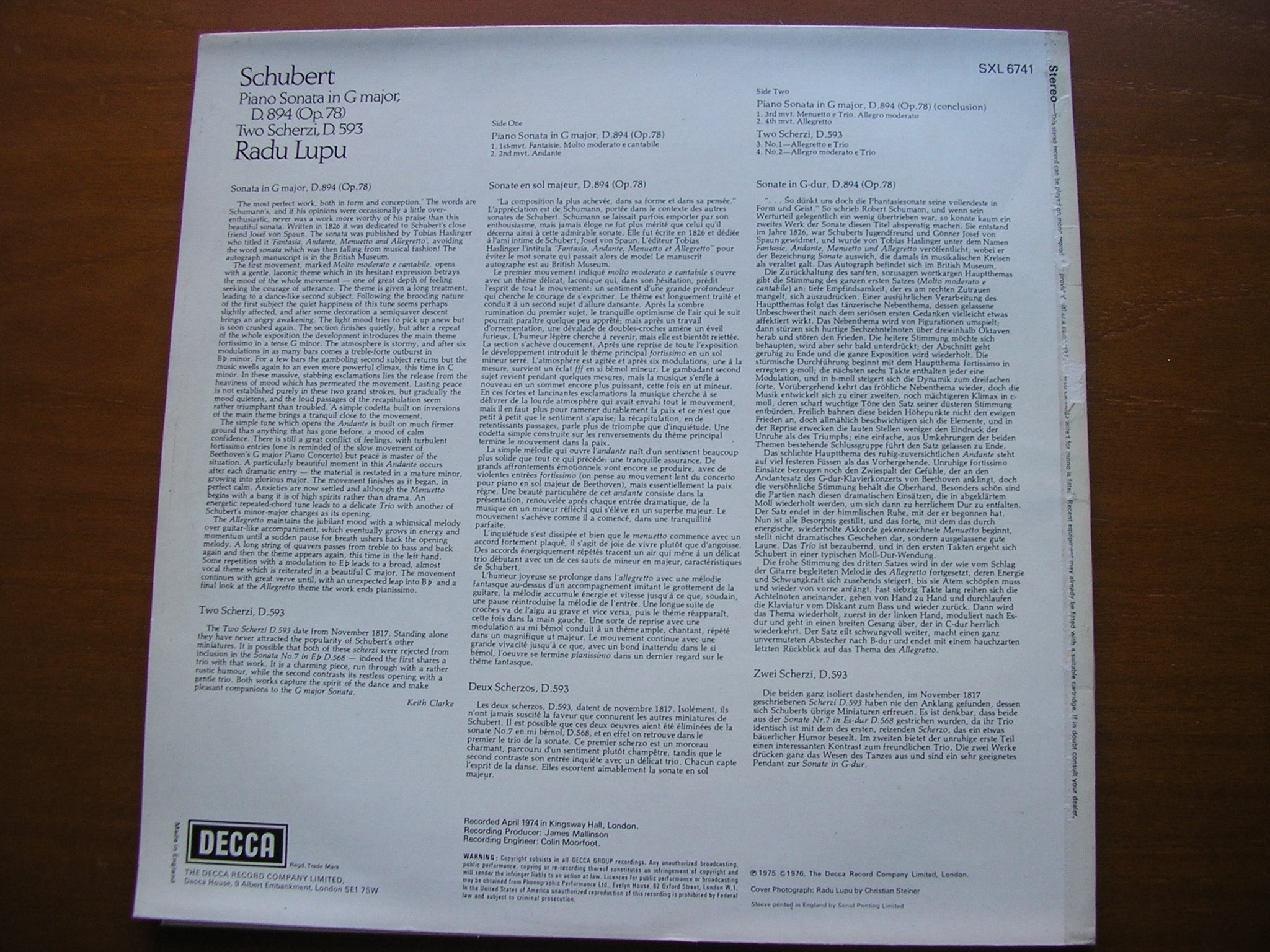 SXL 6741 SCHUBERT: SONATA D.894 / TWO SCHERZI D.593 LUPU