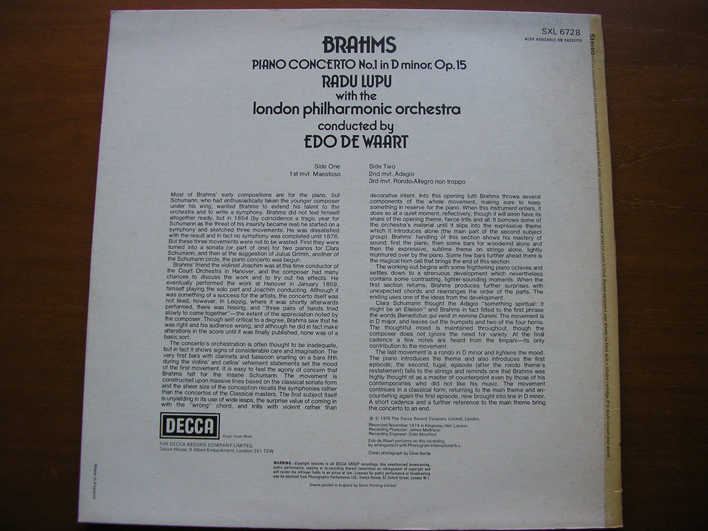 SXL 6728 BRAHMS: PIANO CONCERTO No. 1 RADU LUPU / LONDON PHILHARMONIC / EDO DE WAART