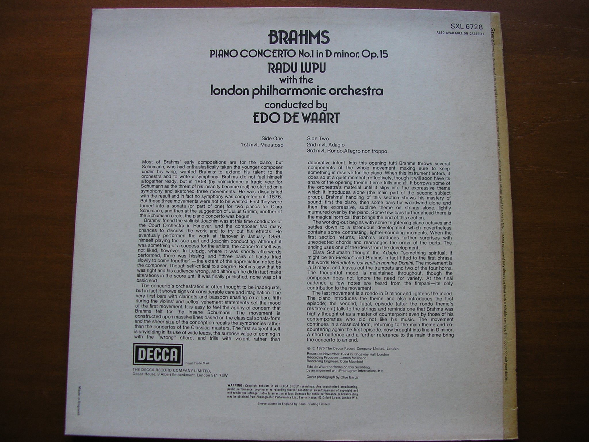 SXL 6728 BRAHMS: PIANO CONCERTO No. 1 RADU LUPU / LONDON PHILHARMONIC / EDO DE WAART
