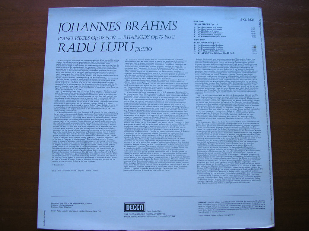 SXL 6831 BRAHMS: PIANO PIECES Op.118 / 119 / RHAPSODY Op. 79 RADU LUPU