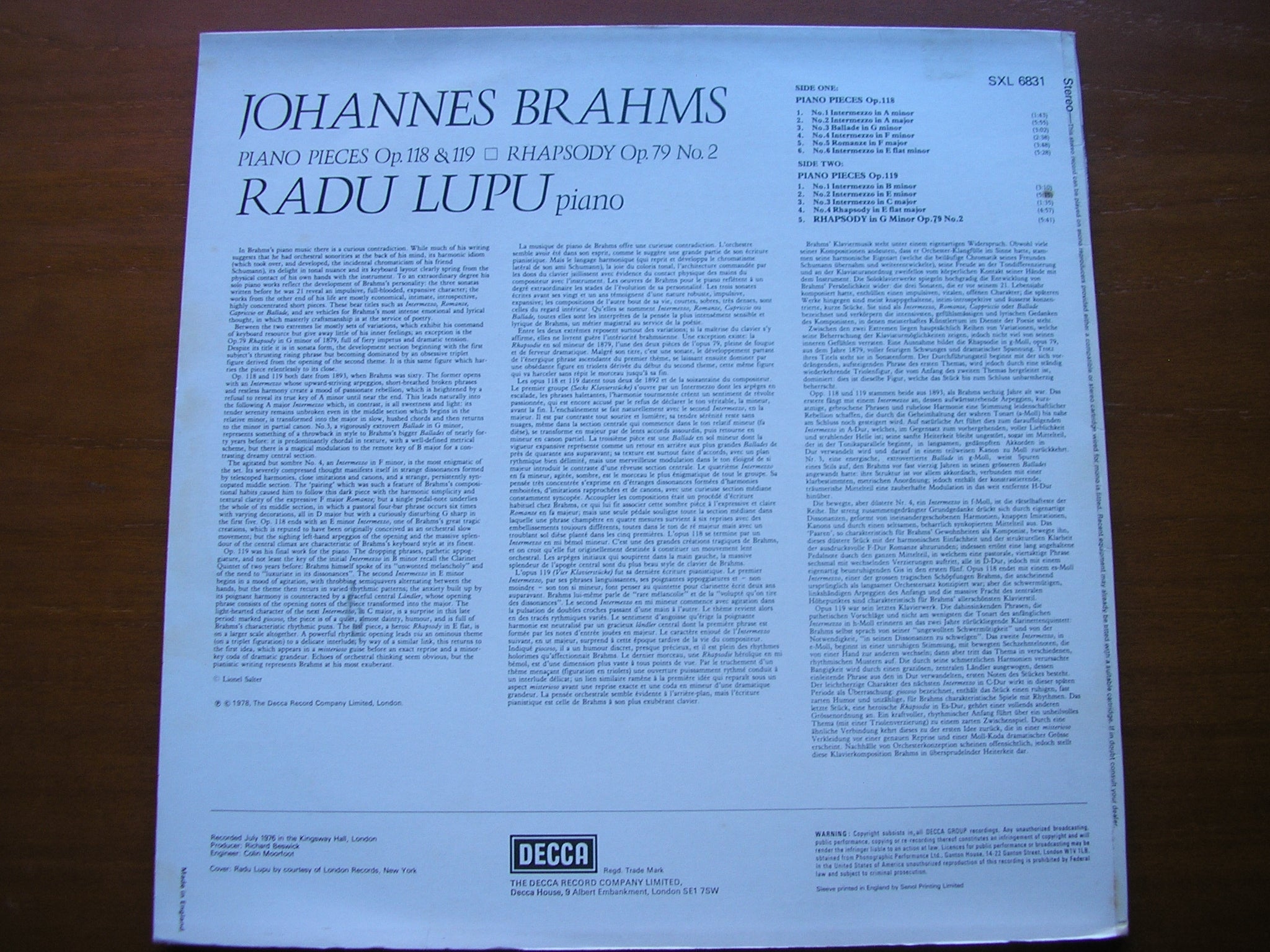 SXL 6831 BRAHMS: PIANO PIECES Op.118 / 119 / RHAPSODY Op. 79 RADU LUPU