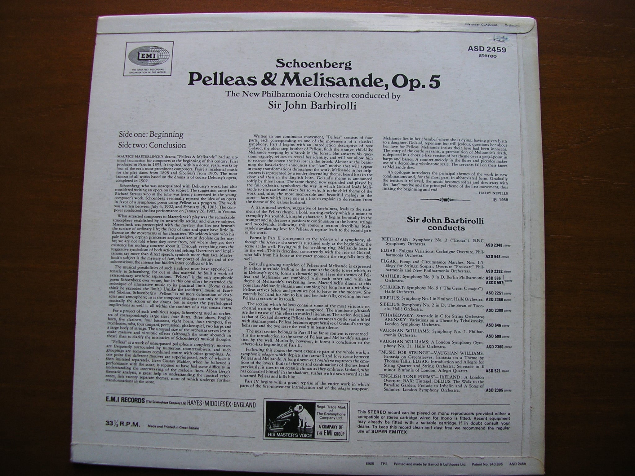 SCHOENBERG: PELLEAS & MELISANDE    SIR JOHN BARBIROLLI / NEW PHILHARMONIA    ASD 2459