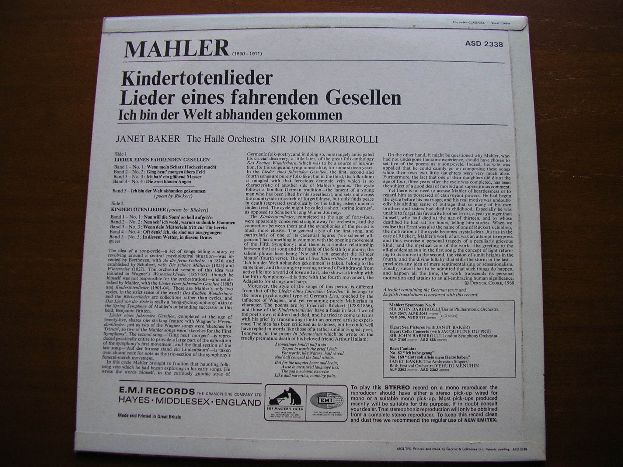 MAHLER: LIEDER EINES FAHRENDEN GESELLEN / KINDERTOTENLIEDER   JANET BAKER / HALLE ORCHESTRA / BARBIROLLI    ASD 2338