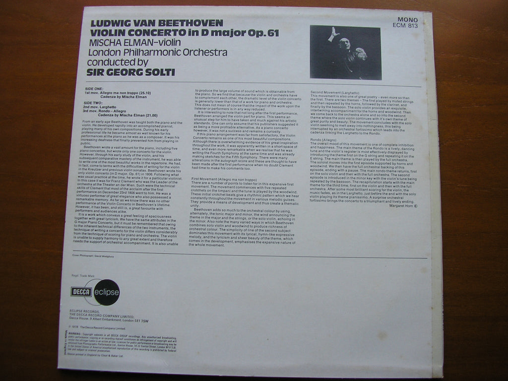 BEETHOVEN: VIOLIN CONCERTO     ELMAN / LONDON PHILHARMONIC / SOLTI     ECM 813