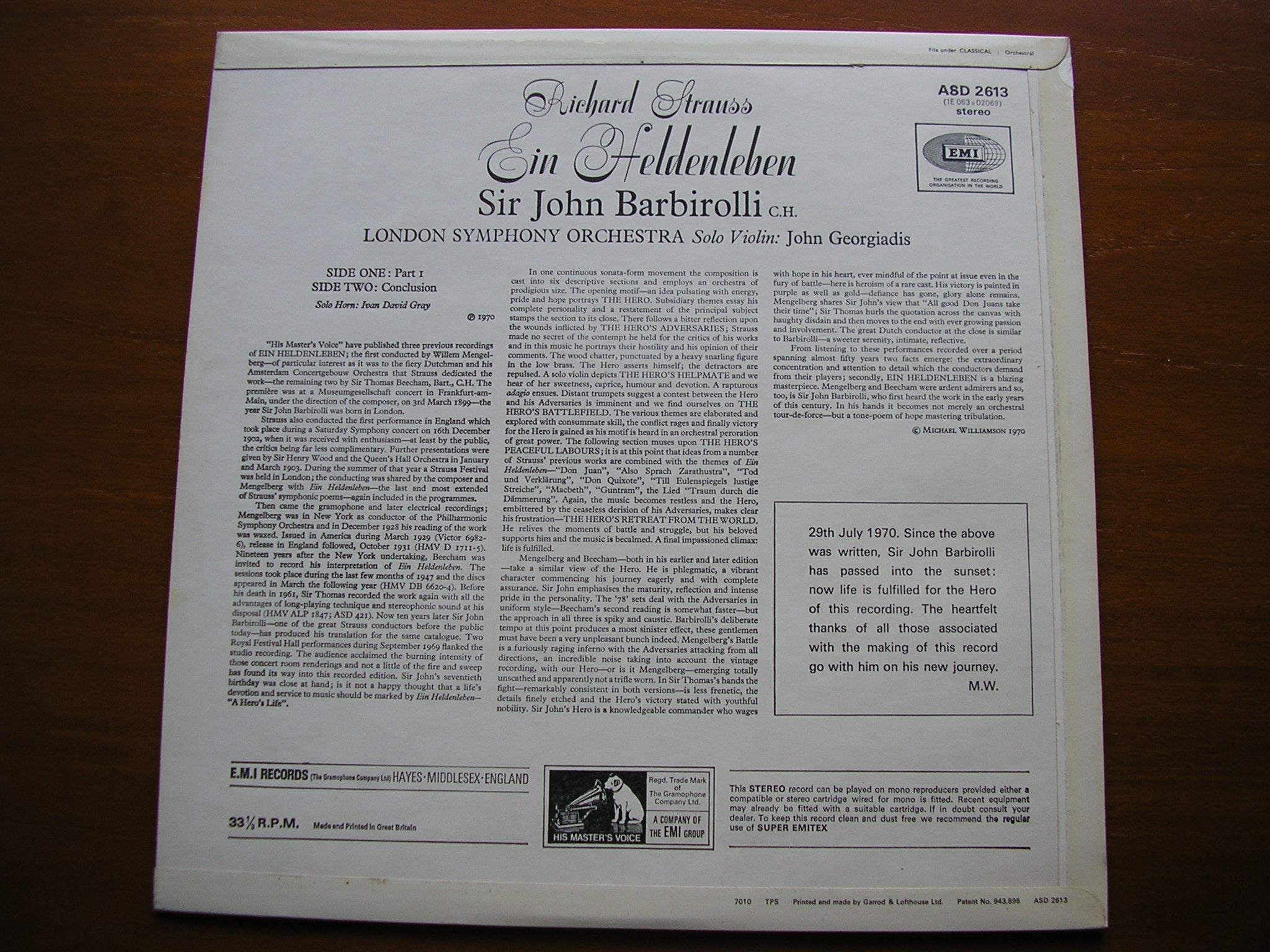 STRAUSS: EIN HELDENLEBEN    BARBIROLLI / LONDON SYMPHONY    ASD 2613