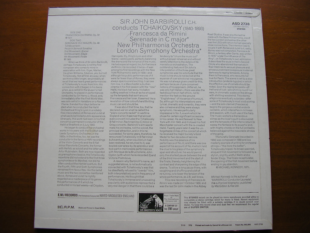 TCHAIKOVSKY: SERENADE FOR STRINGS / FRANCESCA DA RIMINI     NEW PHILHARMONIA / LONDON SYMPHONY   BARBIROLLI     ASD 2738