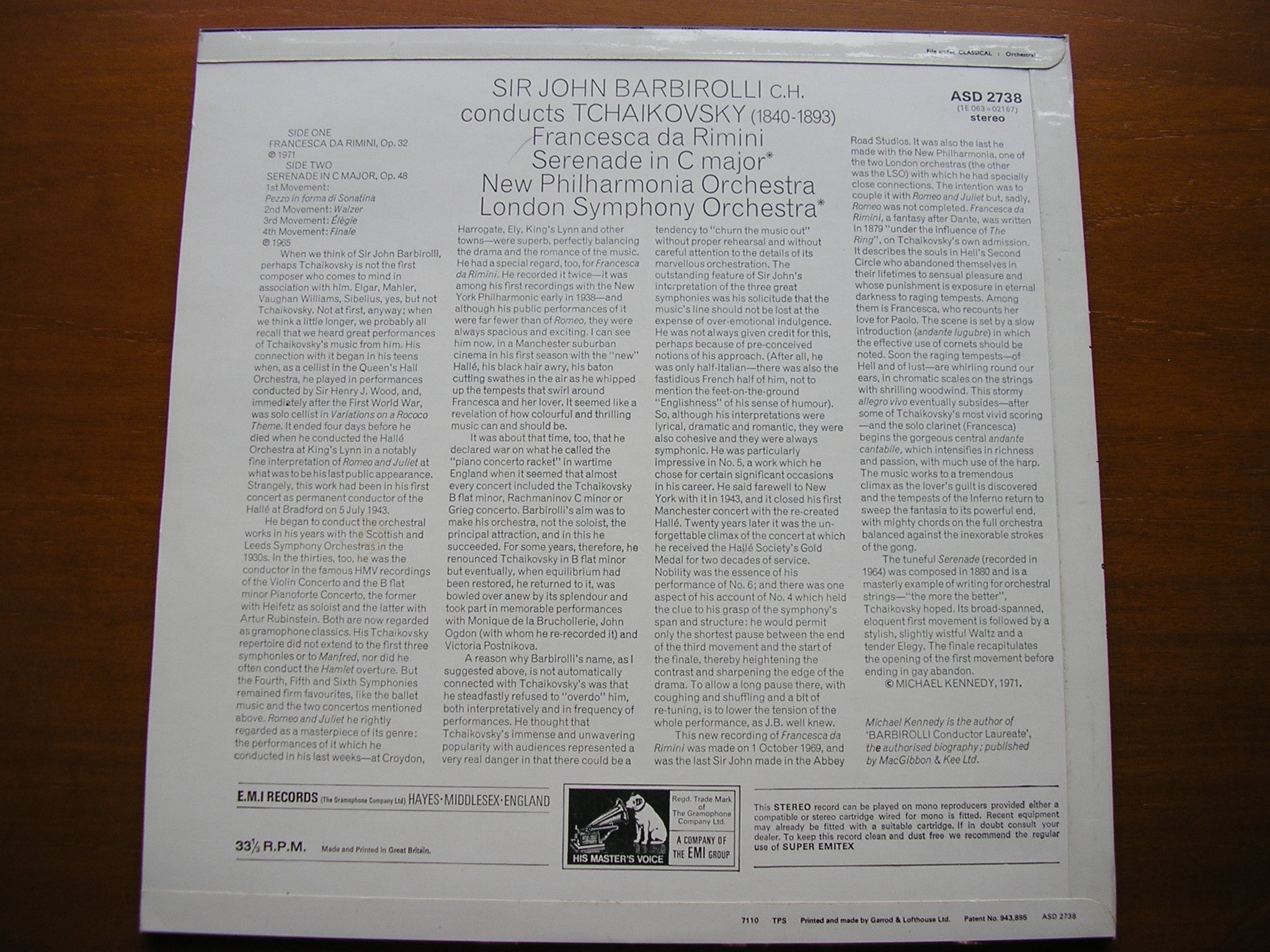 TCHAIKOVSKY: SERENADE FOR STRINGS / FRANCESCA DA RIMINI     NEW PHILHARMONIA / LONDON SYMPHONY   BARBIROLLI     ASD 2738
