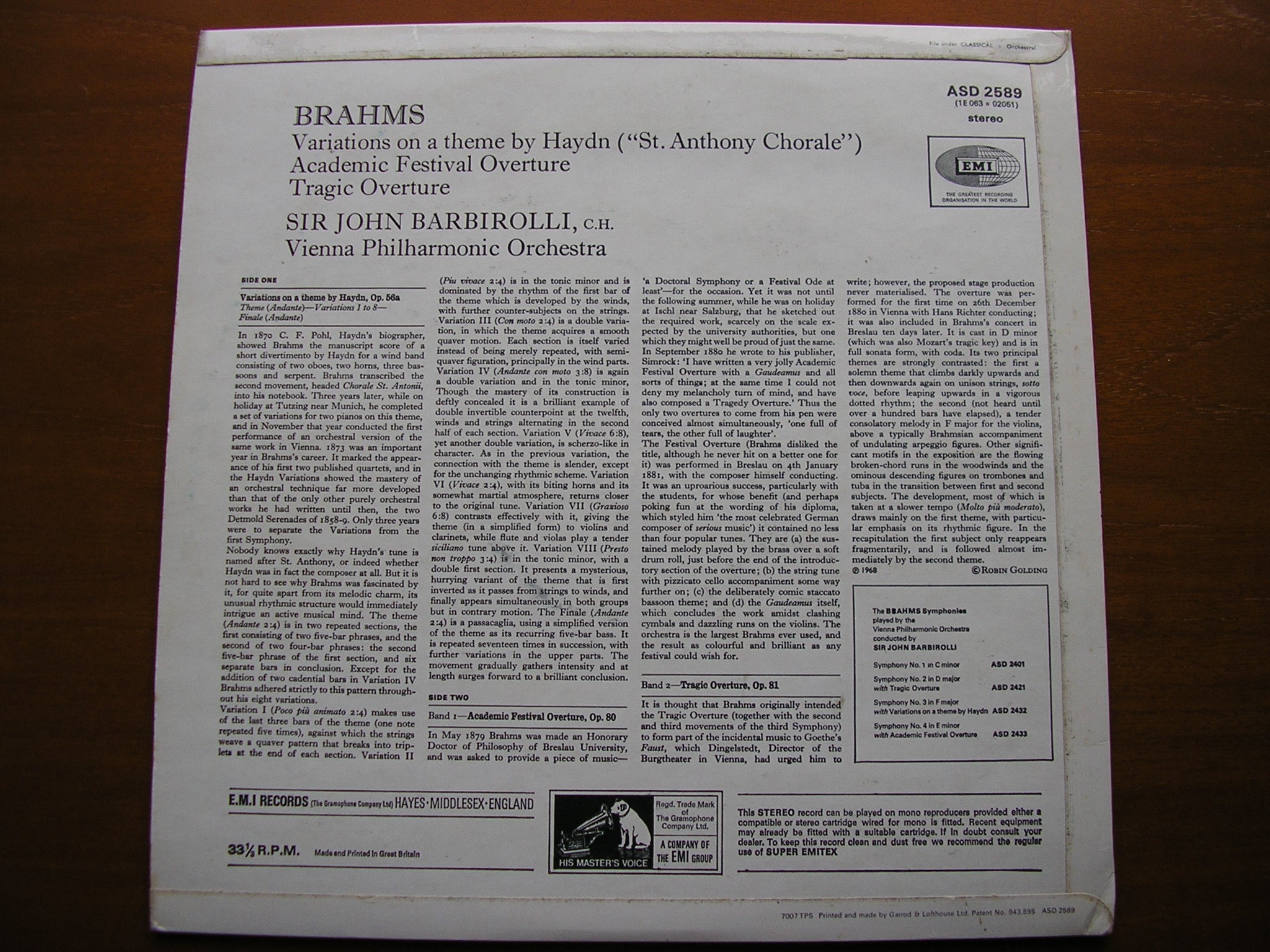 BRAHMS: HAYDN VARIATIONS / ACADEMIC FESTIVAL / TRAGIC OVERTURES    VIENNA PHILHARMONIC / BARBIROLLI    ASD 2589
