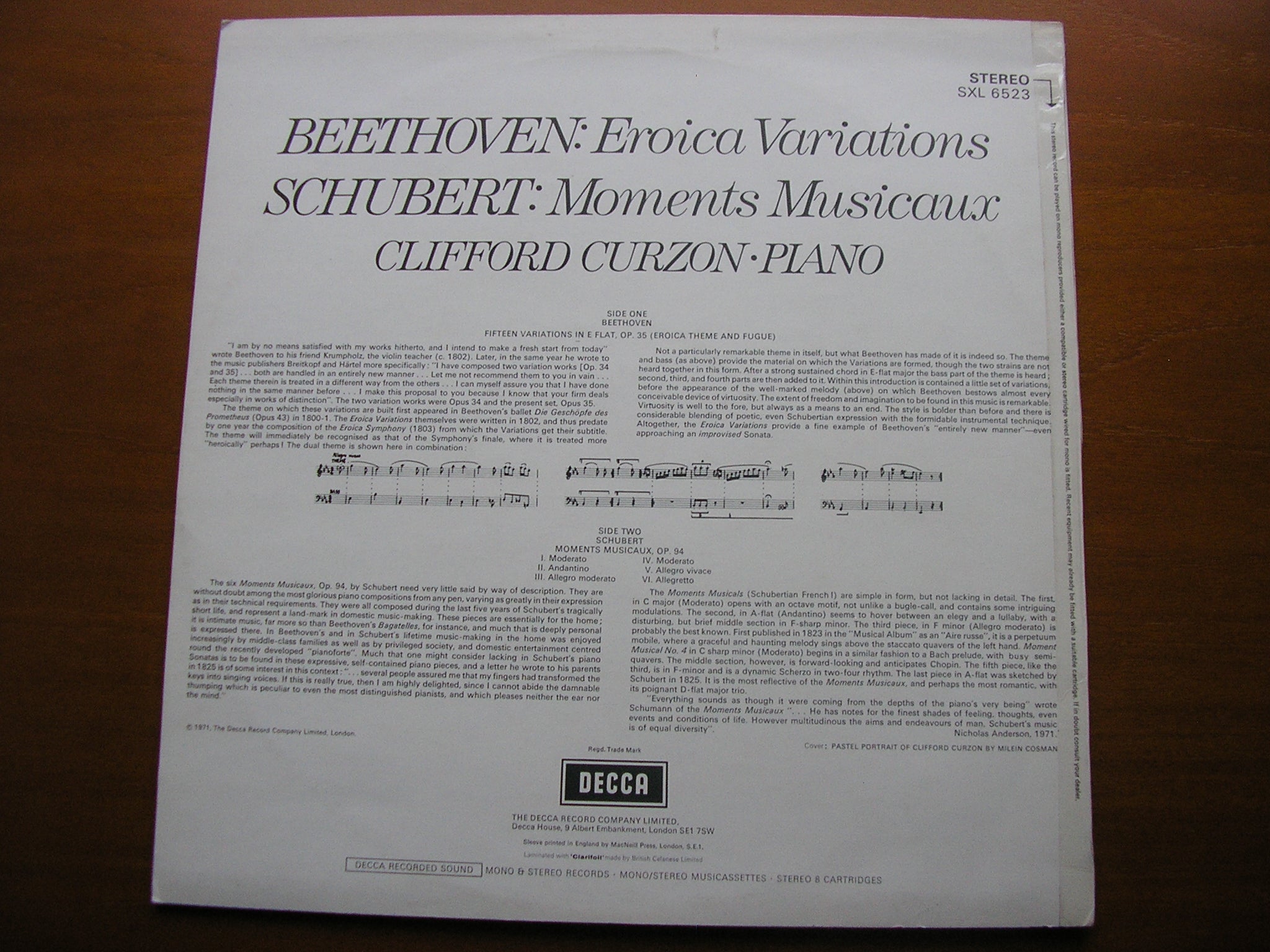 SXL 6523 BEETHOVEN: EROICA VARIATIONS / SCHUBERT: MOMENTS MUSICAUX CLIFFORD CURZON
