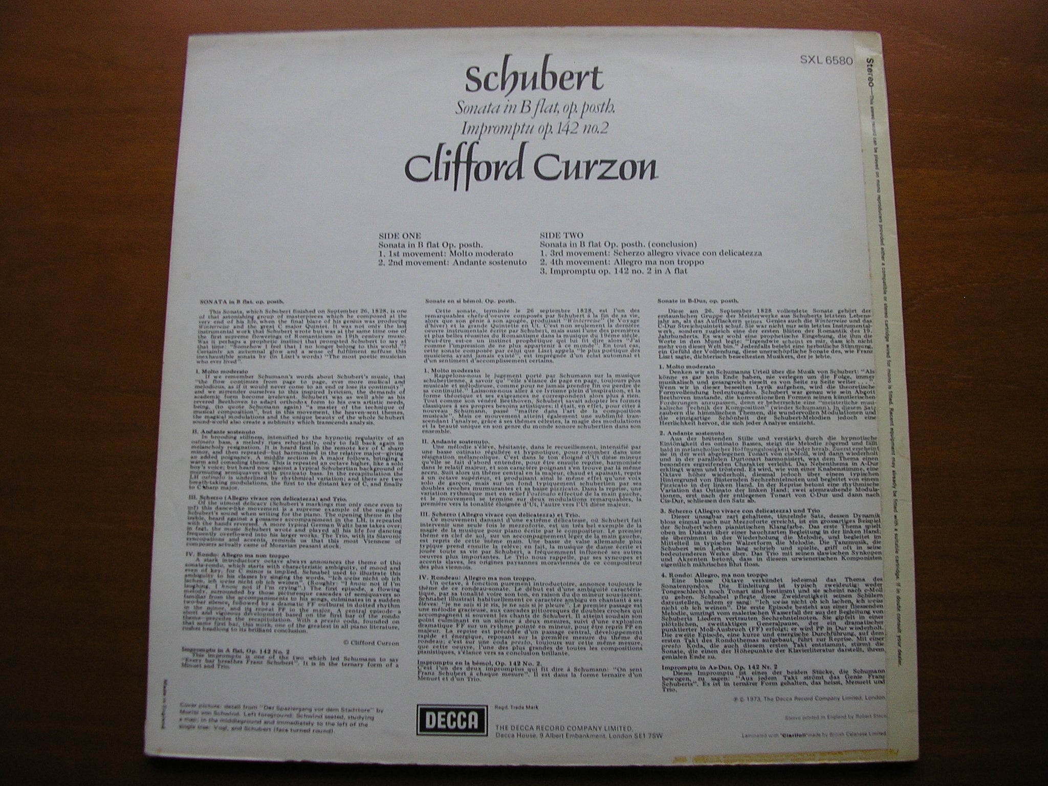 SXL 6580 SCHUBERT: PIANO SONATA in B / IMPROMPTU IN A CLIFFORD CURZON