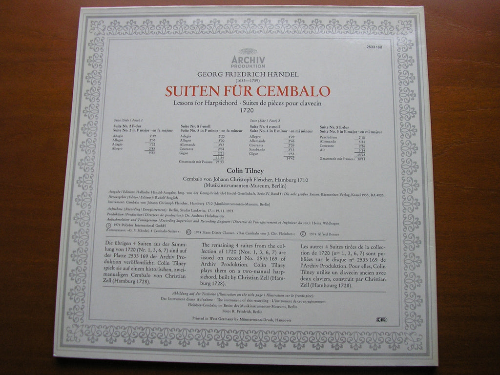 HANDEL: LESSONS FOR HARPSICHORD 1720   Suites Nos. 2 / 4 / 5 / 8      COLIN TILNEY     2533 168