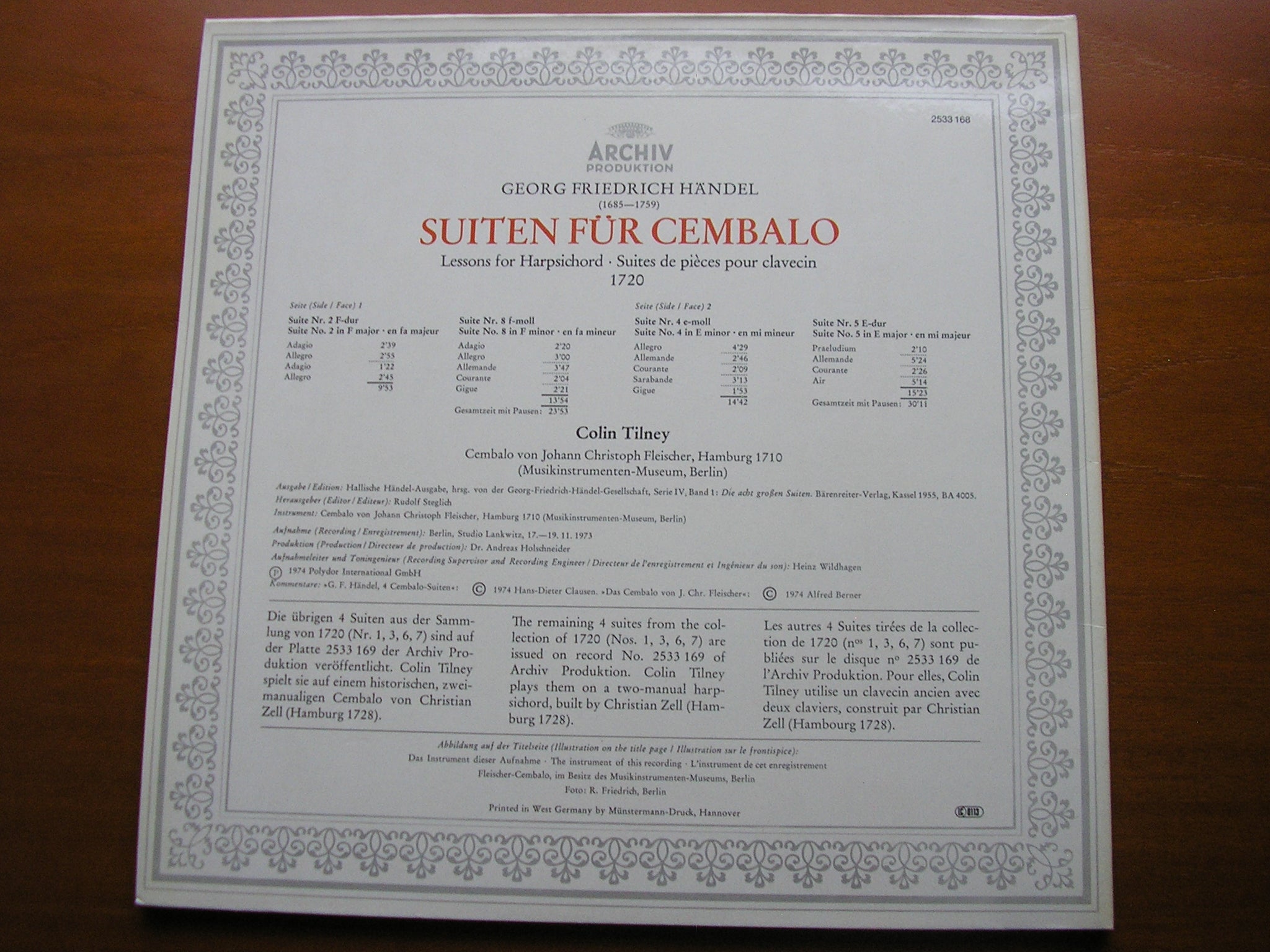 HANDEL: LESSONS FOR HARPSICHORD 1720   Suites Nos. 2 / 4 / 5 / 8      COLIN TILNEY     2533 168