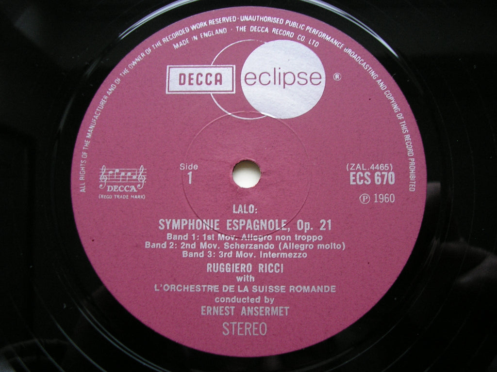 LALO: SYMPHONIE ESPAGNOLE / RAVEL: TZIGANE    RICCI / SUISSE ROMANDE / ANSERMET    ECS 670