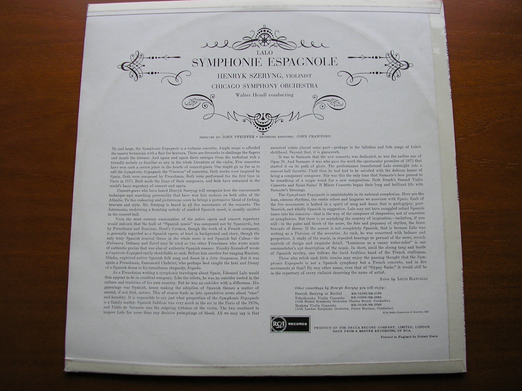 LALO: SYMPHONIE ESPAGNOLE    SZERYNG / CHICAGO SYMPHONY / HENDL  RB 16251