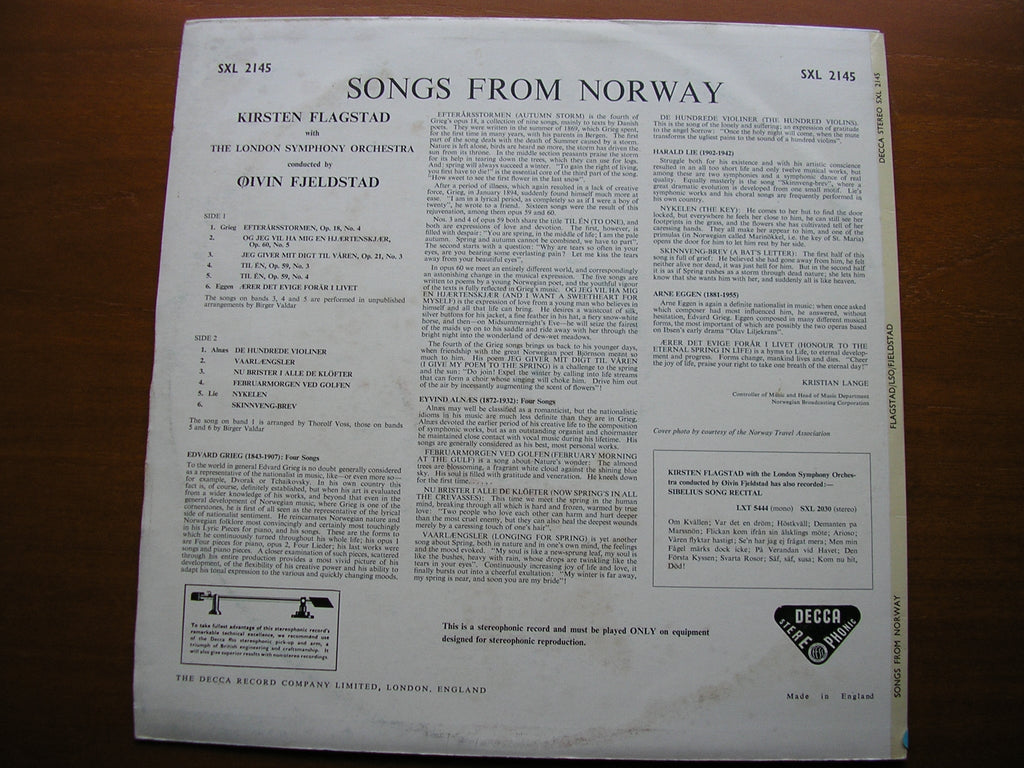 SXL 2145 SONGS FROM NORWAY: ALNAES / EGGEN / GRIEG KIRSTEN FLAGSTAD / LONDON SYMPHONY / OIVIN FJELSTAD