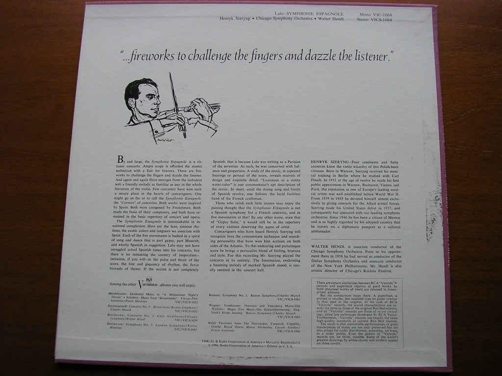 LALO: SYMPHONIE ESPAGNOLE     SZERYNG / CHICAGO SYMPHONY / HENDL    VICS 1064