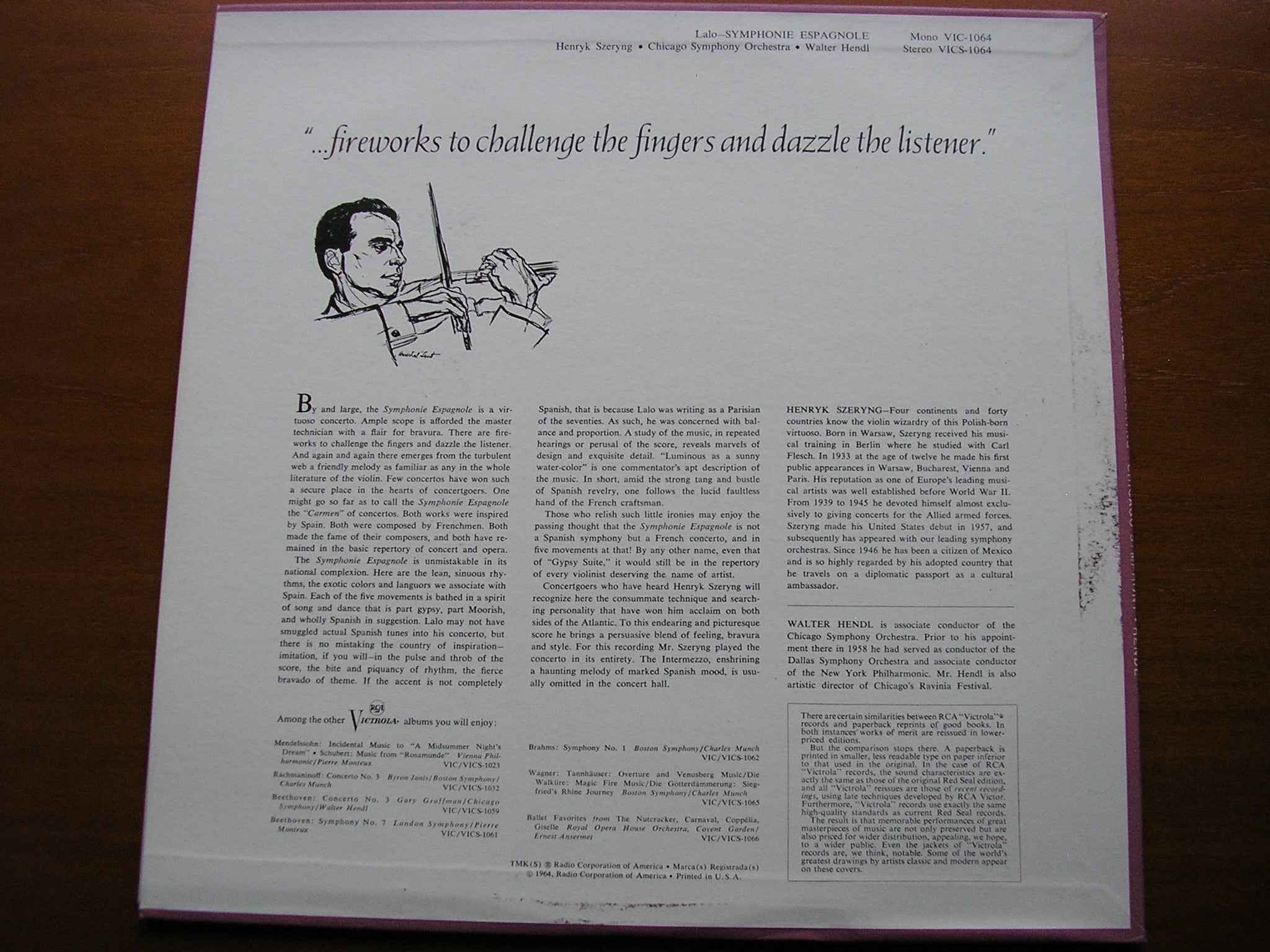 LALO: SYMPHONIE ESPAGNOLE     SZERYNG / CHICAGO SYMPHONY / HENDL    VICS 1064