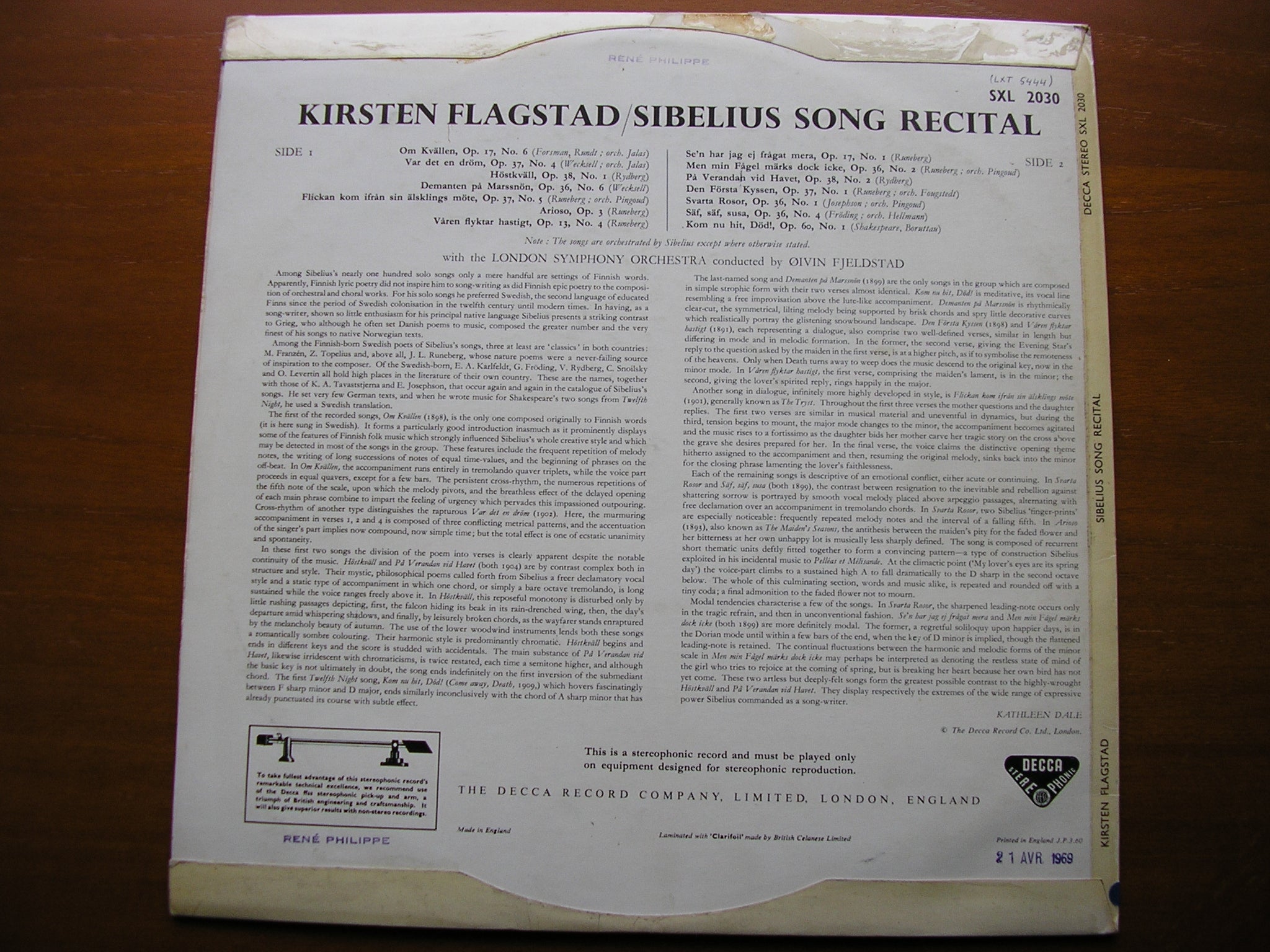 SXL 2030 SIBELIUS SONG RECITAL KIRSTEN FLAGTAD / LONDON SYMPHONY / OIVIN FJELSTAD