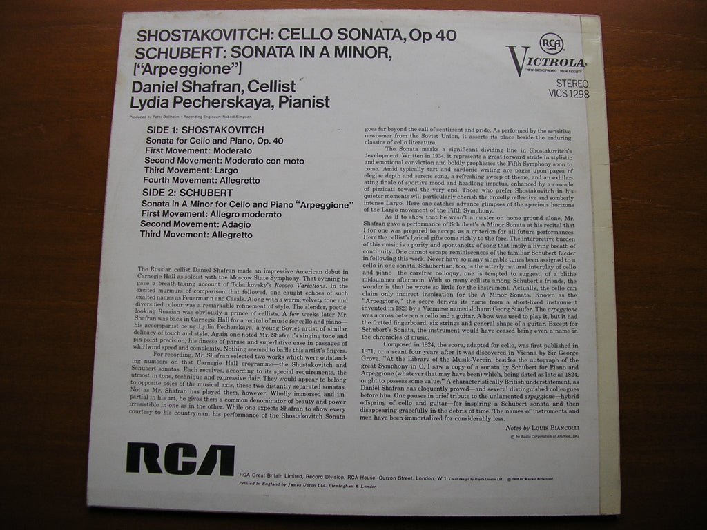 SCHUBERT: ARPEGGIONE SONATA / SHOSTAKOVICH: CELLO SONATA   SHAFRAN / PECHERSKAYA   VICS 1298