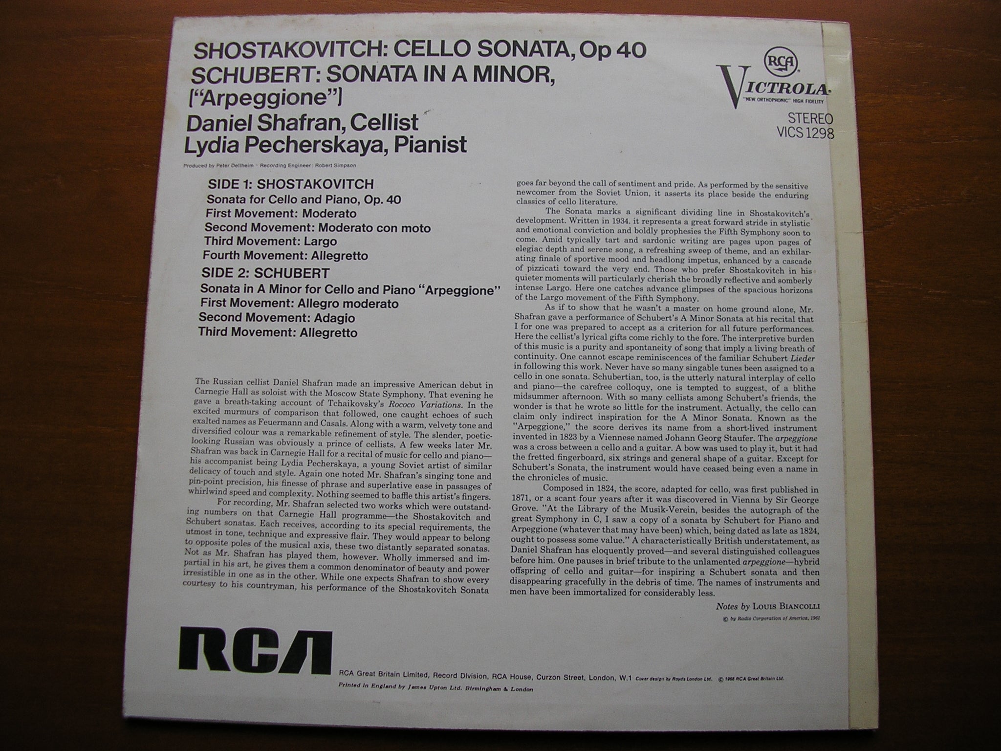 SCHUBERT: ARPEGGIONE SONATA / SHOSTAKOVICH: CELLO SONATA   SHAFRAN / PECHERSKAYA   VICS 1298