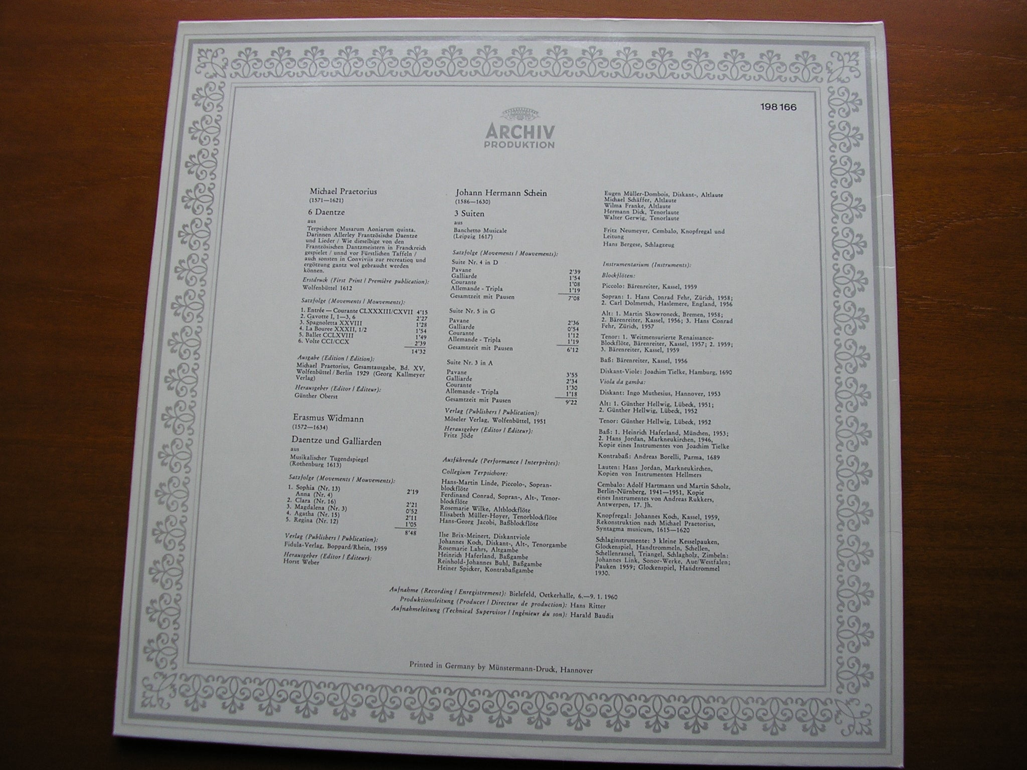DANCE MUSIC FROM THE TIME OF PRAETORIUS FRITZ NEUMEYER  / COLLEGIUM TERPSICHORE 198 166