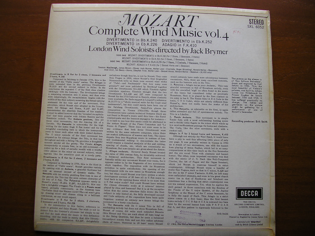SXL 6052 MOZART: COMPLETE WIND MUSIC Volume 4 JACK BRYMER / LONDON WIND SOLOISTS