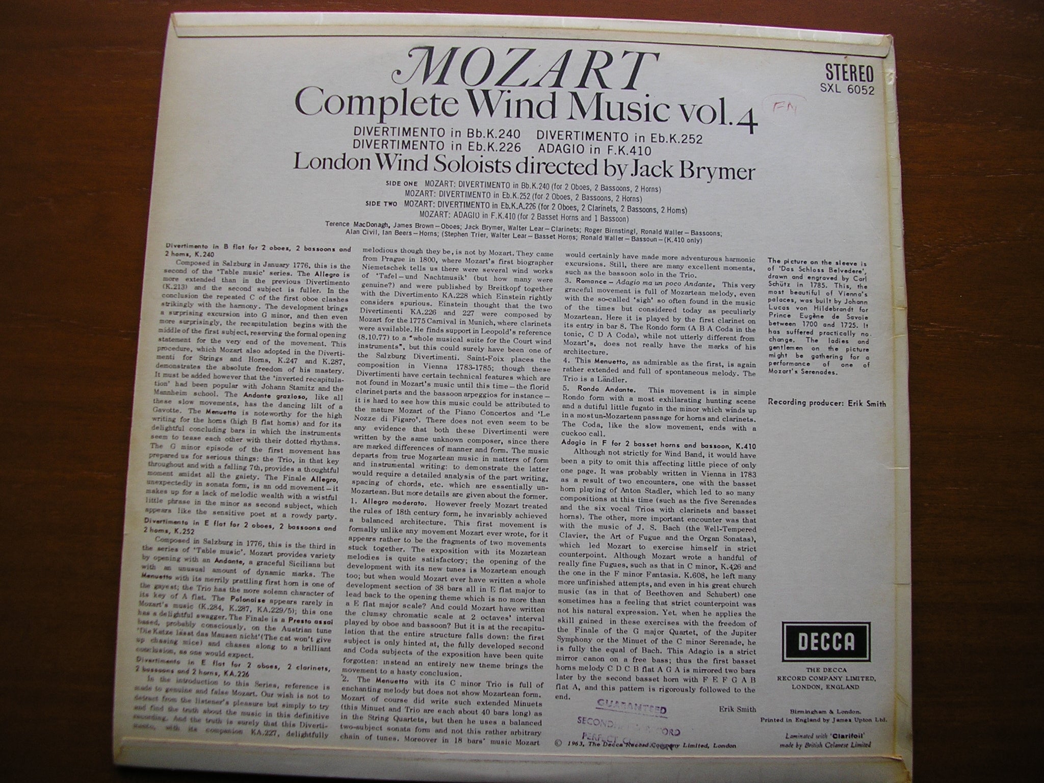 SXL 6052 MOZART: COMPLETE WIND MUSIC Volume 4 JACK BRYMER / LONDON WIND SOLOISTS