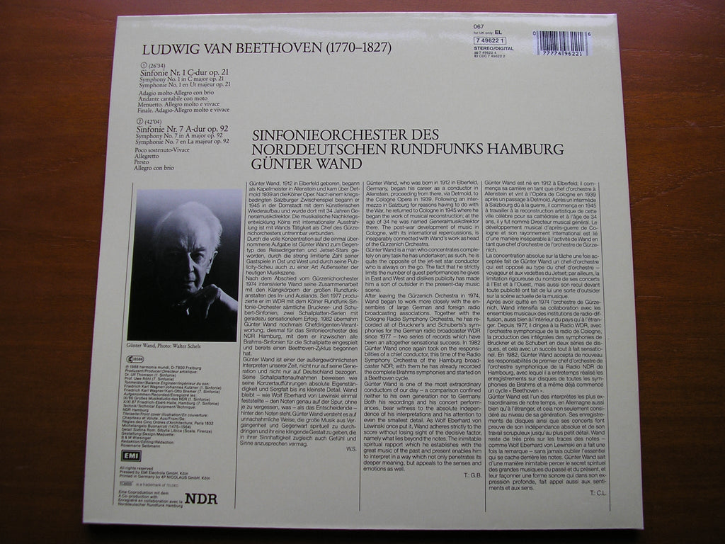 BEETHOVEN: SYMPHONIES Nos. 1 & 7   WAND / HAMBURG RADIO ORCHESTRA   749622