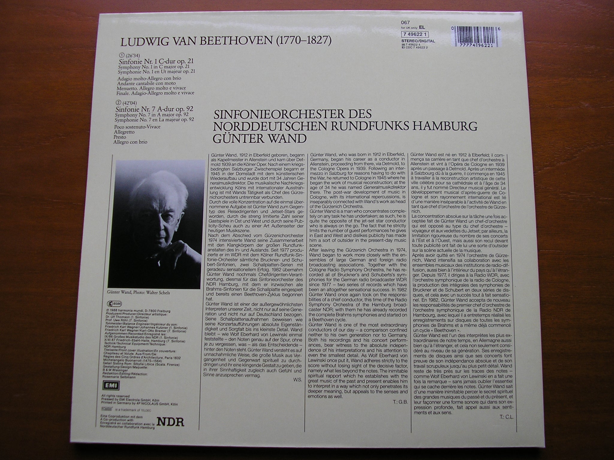 BEETHOVEN: SYMPHONIES Nos. 1 & 7   WAND / HAMBURG RADIO ORCHESTRA   749622