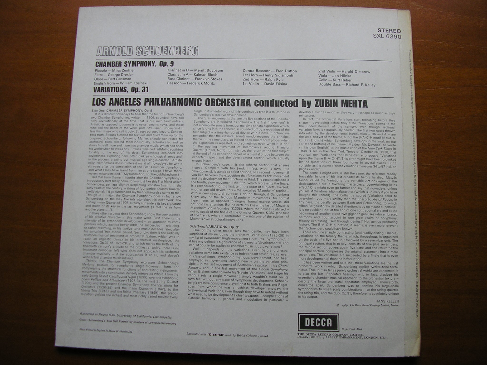 SXL 6390 SCHOENBERG: CHAMBER SYMPHONY / VARIATIONS Op. 31 MEHTA / LOS ANGELES PHILHARMONIC
