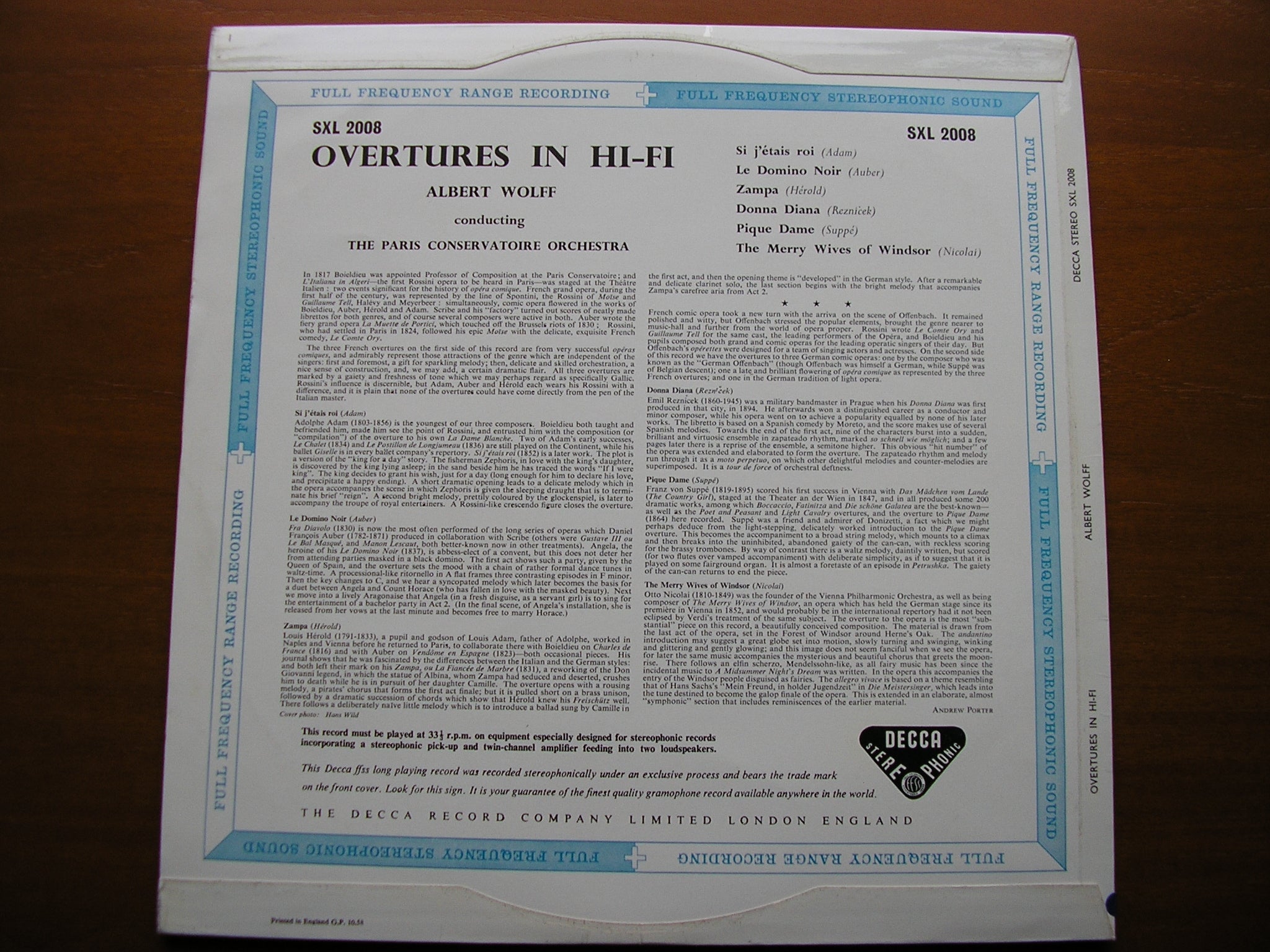 SXL 2008  OVERTURES IN HI - FI:  SUPPE / NICOLAI / ADAM / AUBER / REZNICEK / HEROLD       PARIS CONSERVATOIRE / WOLFF      ED 1