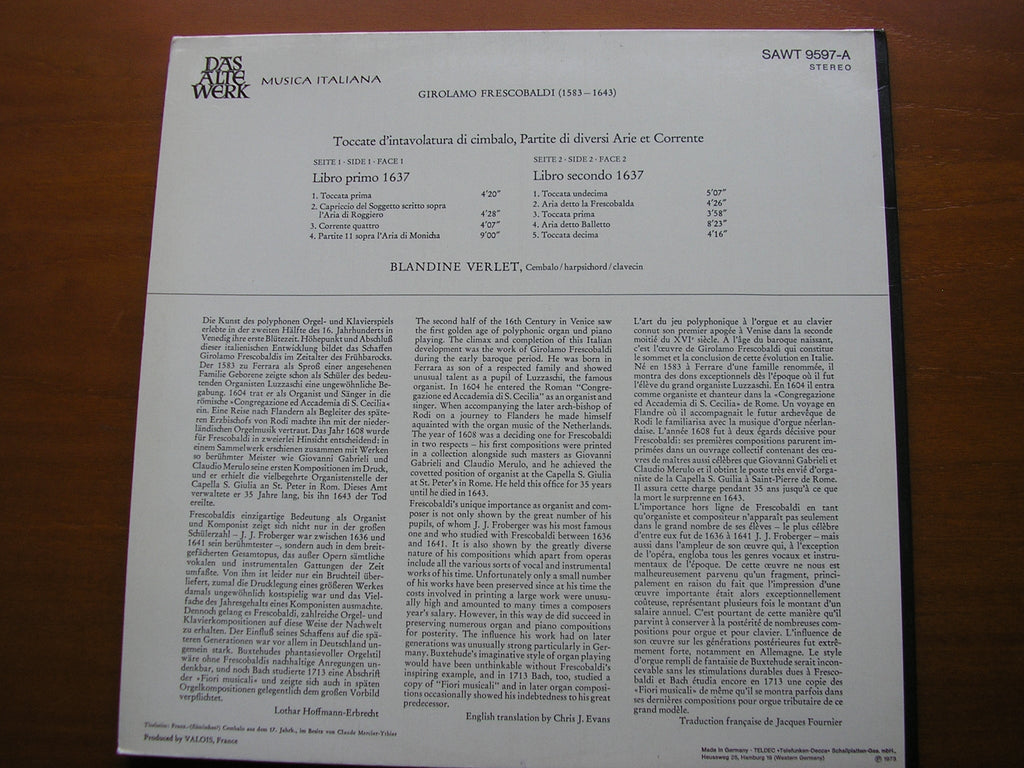 FRESCOBALDI: TOCCATAS FOR HARPSICHORD 1637      BLANDINE VERLET      SAWT 9597