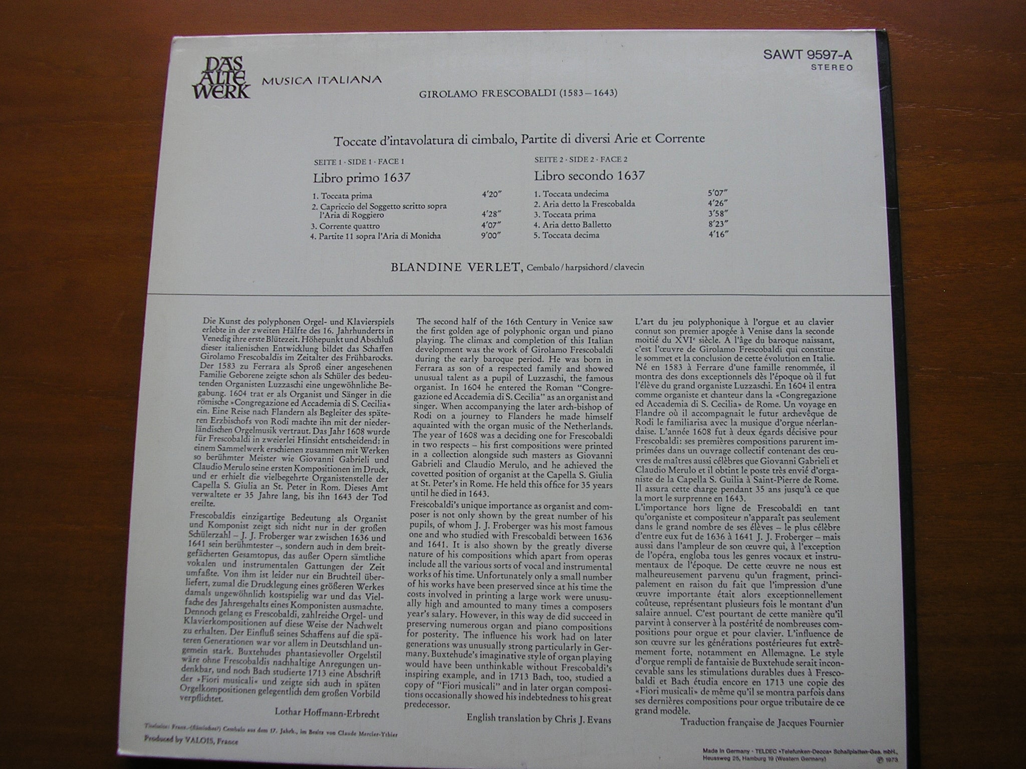FRESCOBALDI: TOCCATAS FOR HARPSICHORD 1637      BLANDINE VERLET      SAWT 9597