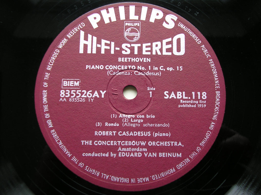BEETHOVEN: PIANO CONCERTOS Nos. 1 & 4    CASADESUS / CONCERTGHEBOUW / VAN BEINUM   SABL 118