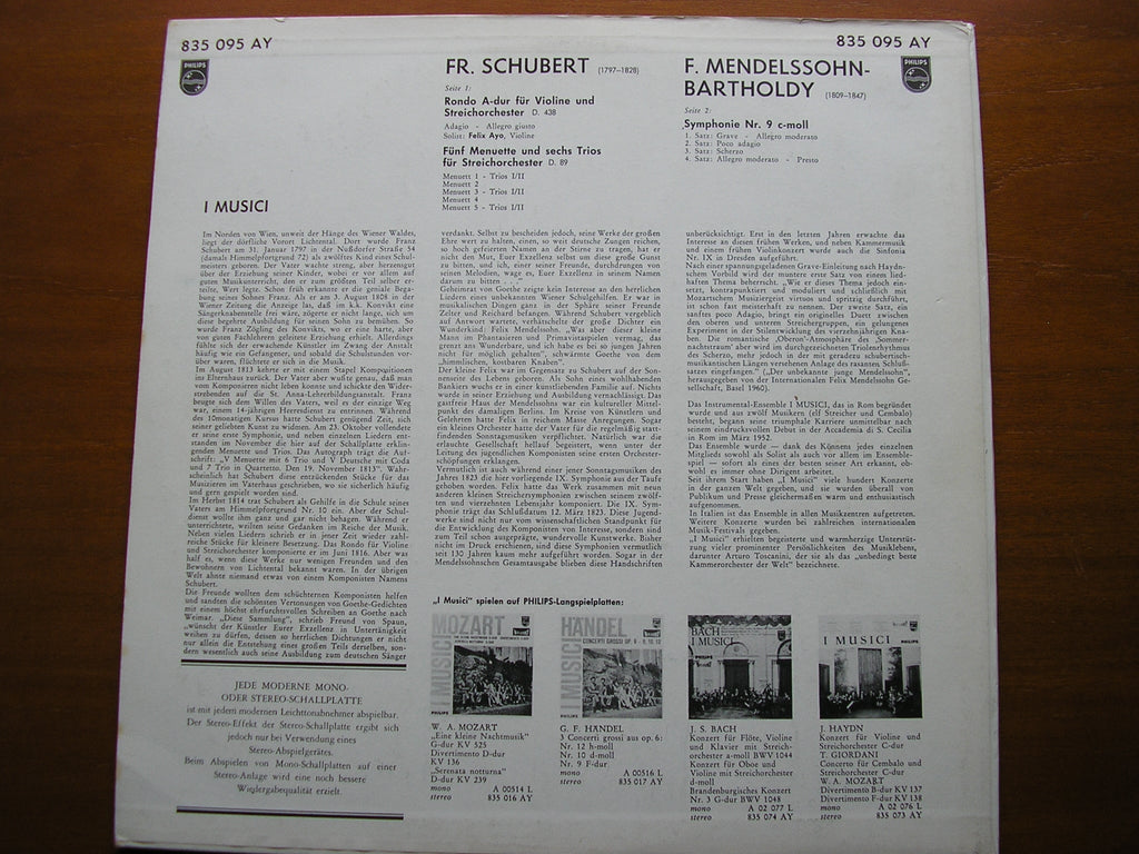 SCHUBERT: RONDO in A / FIVE MINUETS & SIX TRIOS / MENDELSSOHN: SYMPHONY No. 9    835 095 AY