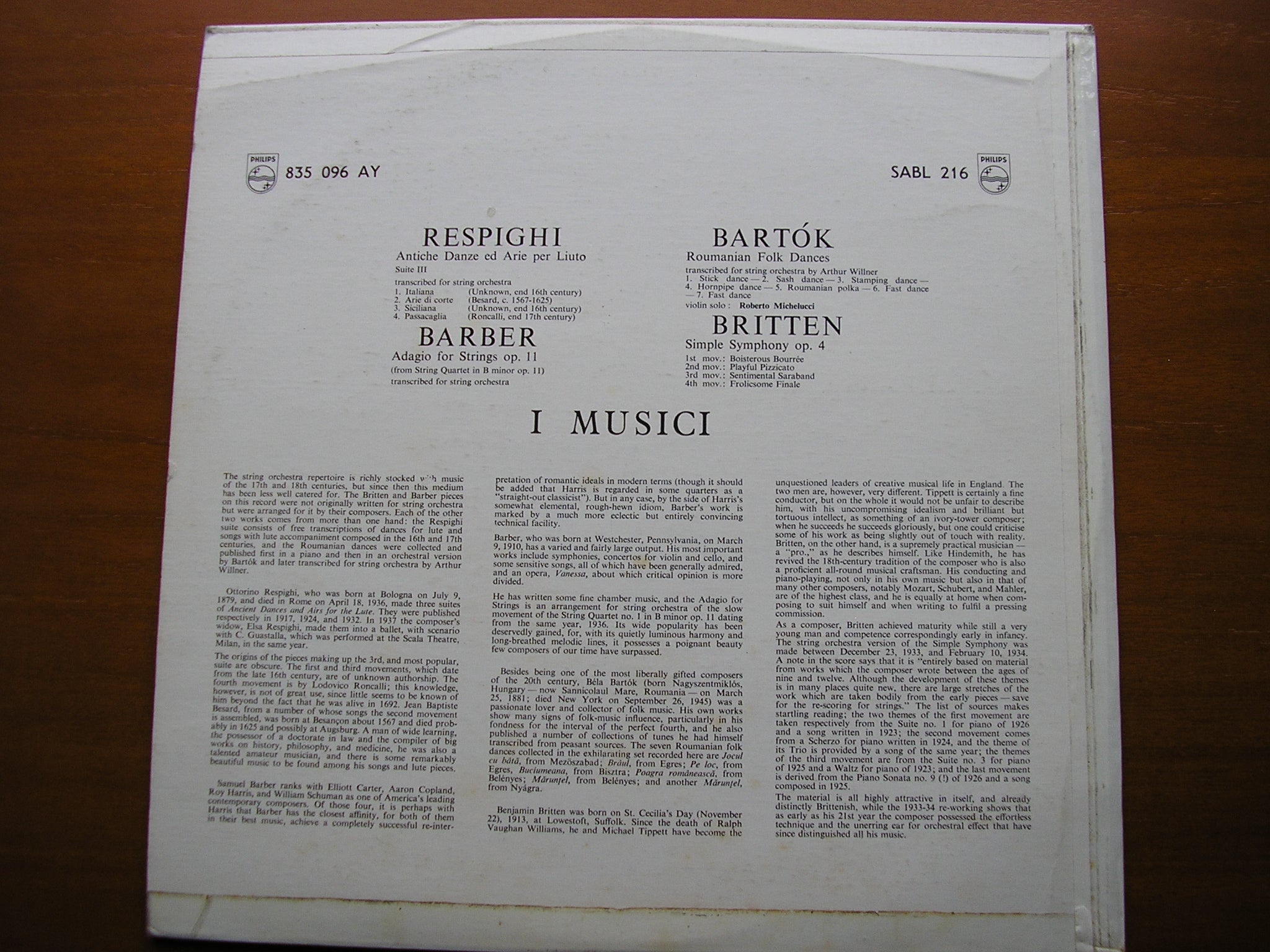 BARBER / RESPIGHI / BRITTEN / BARTOK: MUSIC FOR STRINGS     I MUSICI   SABL 216