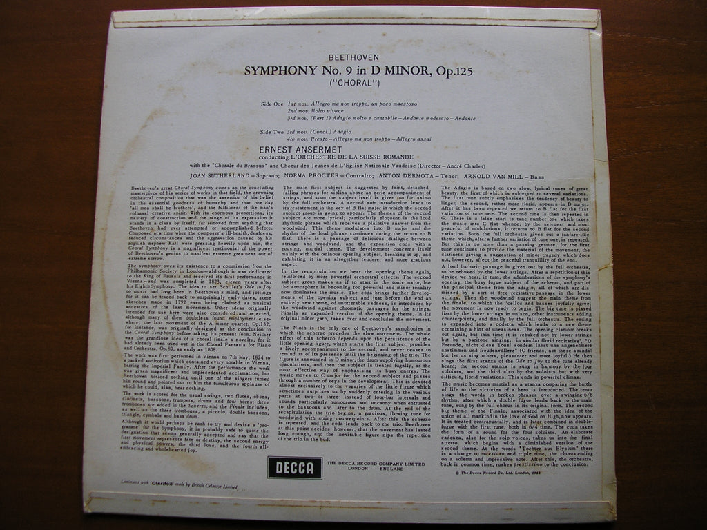 SXL 2274 BEETHOVEN: SYMPHONY No. 9 SUTHERLAND / DERMOTA / PROCTER / VAN MILL / SUISSE ROMANDE / ANSERMET