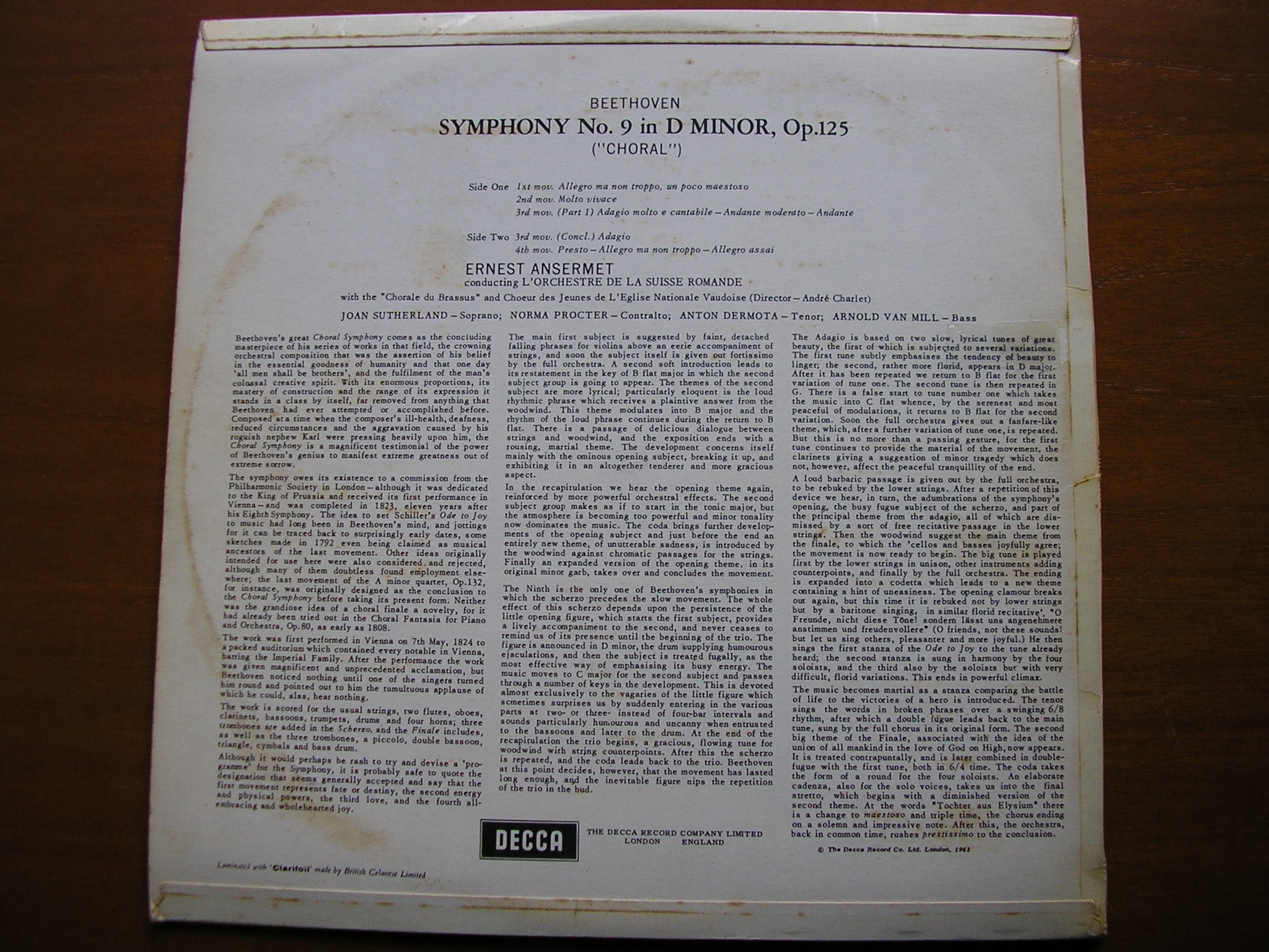 SXL 2274 BEETHOVEN: SYMPHONY No. 9 SUTHERLAND / DERMOTA / PROCTER / VAN MILL / SUISSE ROMANDE / ANSERMET