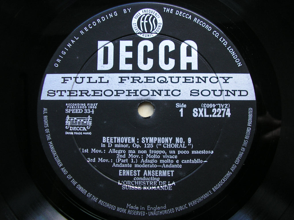 SXL 2274 BEETHOVEN: SYMPHONY No. 9 SUTHERLAND / DERMOTA / PROCTER / VAN MILL / SUISSE ROMANDE / ANSERMET