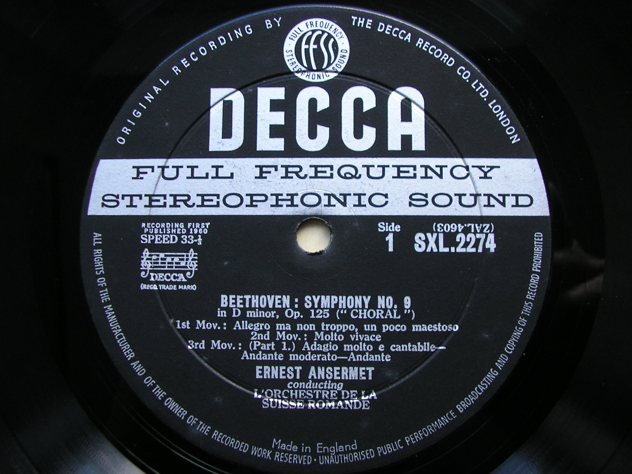 SXL 2274 BEETHOVEN: SYMPHONY No. 9 SUTHERLAND / DERMOTA / PROCTER / VAN MILL / SUISSE ROMANDE / ANSERMET