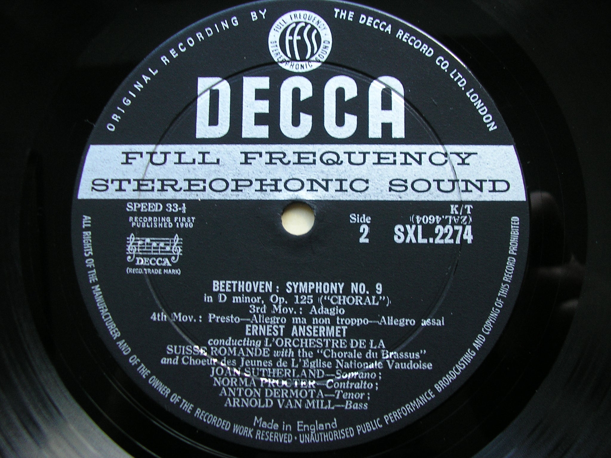 SXL 2274 BEETHOVEN: SYMPHONY No. 9 SUTHERLAND / DERMOTA / PROCTER / VAN MILL / SUISSE ROMANDE / ANSERMET