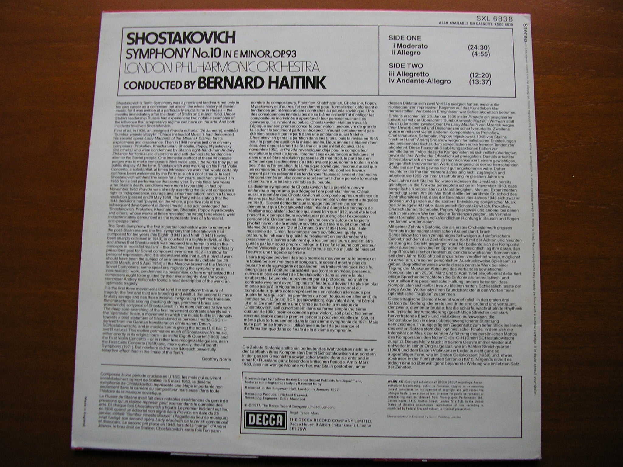SHOSTAKOVICH: SYMPHONY No. 10       HAITINK / LONDON PHILHARMONIC    SXL 6838