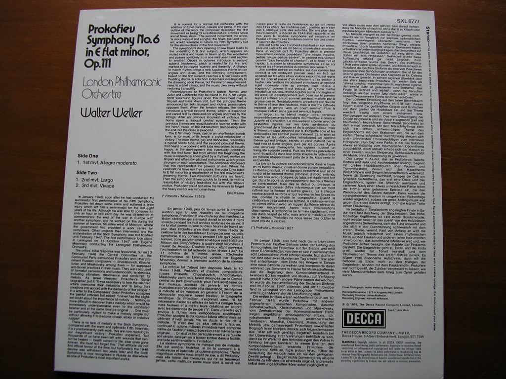 PROKOFIEV: SYMPHONY No. 6     WELLER / LONDON PHILHARMONIC     200gm    SXL 6777