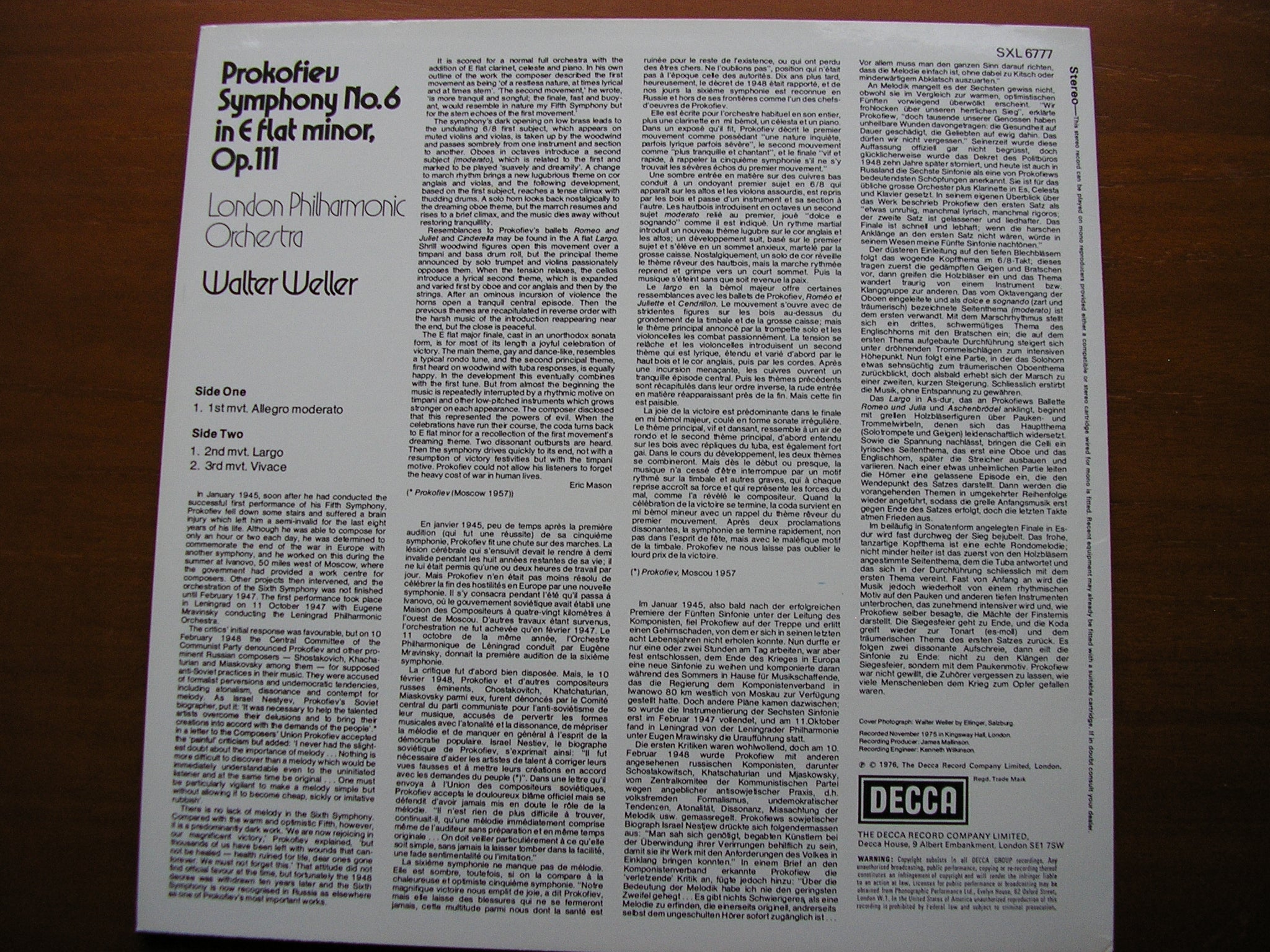 PROKOFIEV: SYMPHONY No. 6     WELLER / LONDON PHILHARMONIC     200gm    SXL 6777