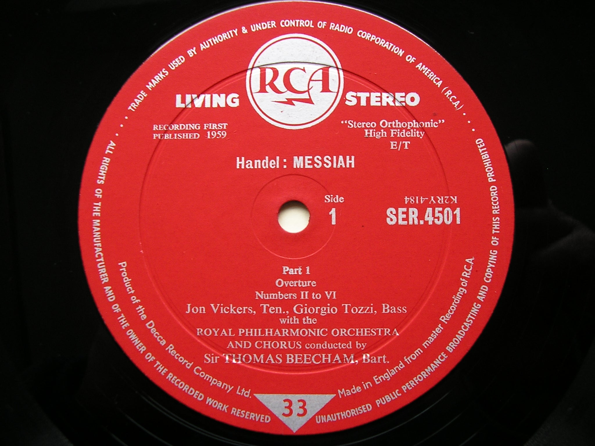 HANDEL: MESSIAH  VYVYAN / SINCLAIR / VICKERS / TOZZI / ROYAL PHILHARMONIC / BEECHAM    LDS 6409