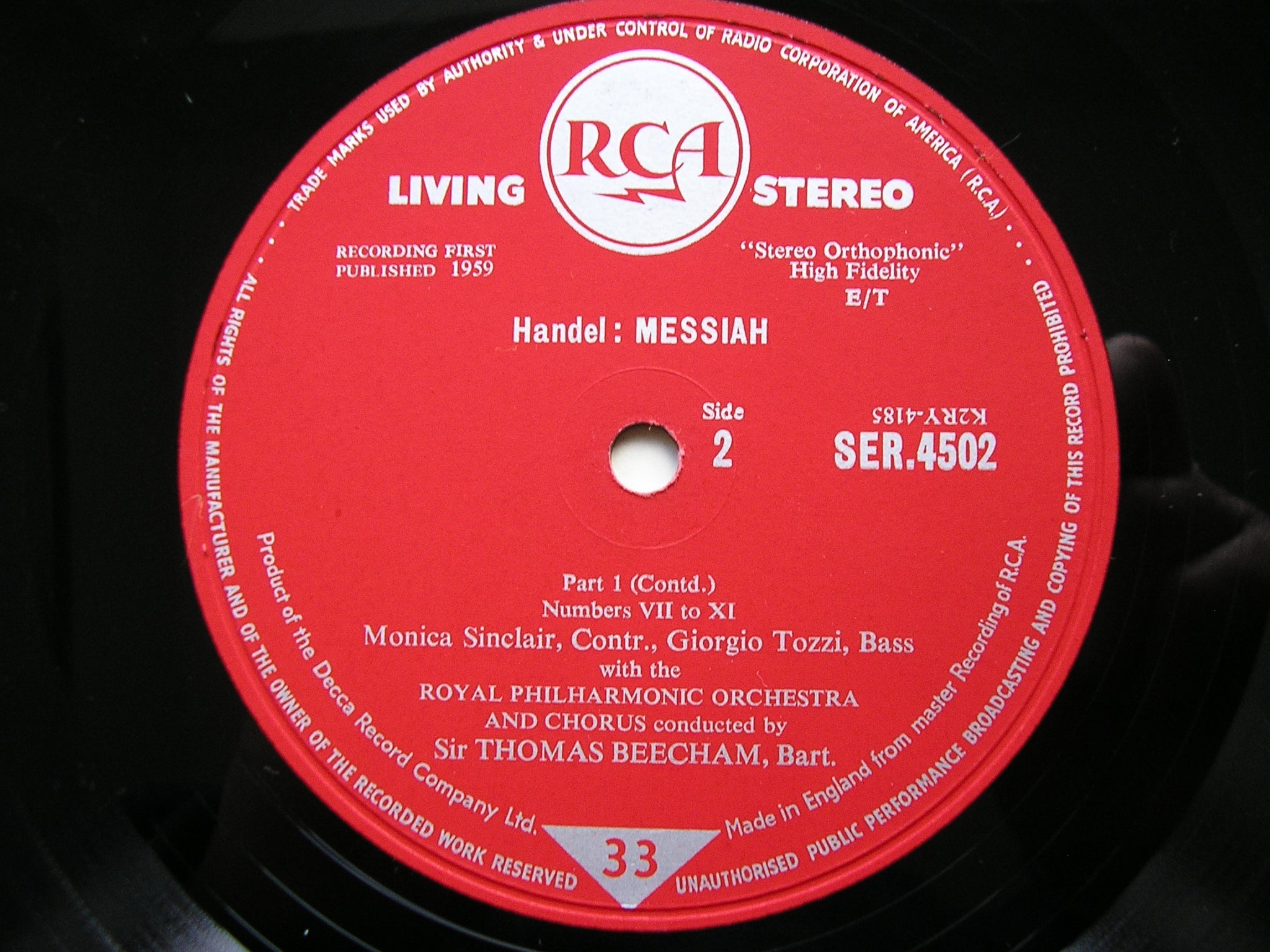 HANDEL: MESSIAH  VYVYAN / SINCLAIR / VICKERS / TOZZI / ROYAL PHILHARMONIC / BEECHAM    LDS 6409