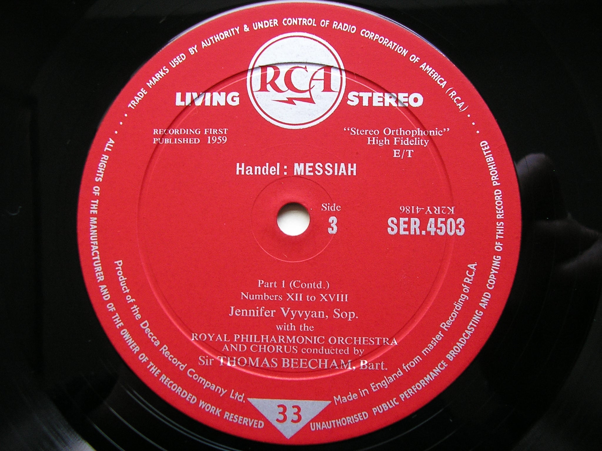 HANDEL: MESSIAH  VYVYAN / SINCLAIR / VICKERS / TOZZI / ROYAL PHILHARMONIC / BEECHAM    LDS 6409